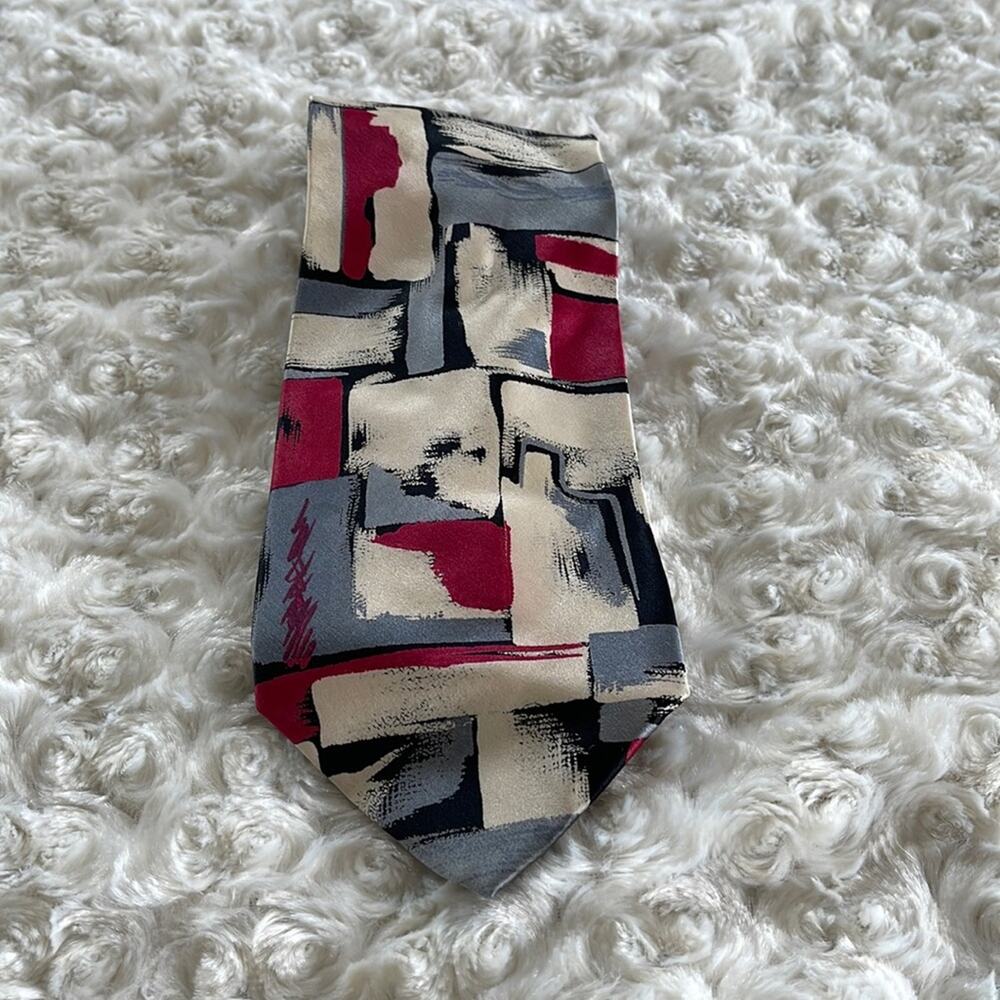 Emilio Romano Men’s Silk Tie Abstract Print Gold Pink Blue Handmade in Italy